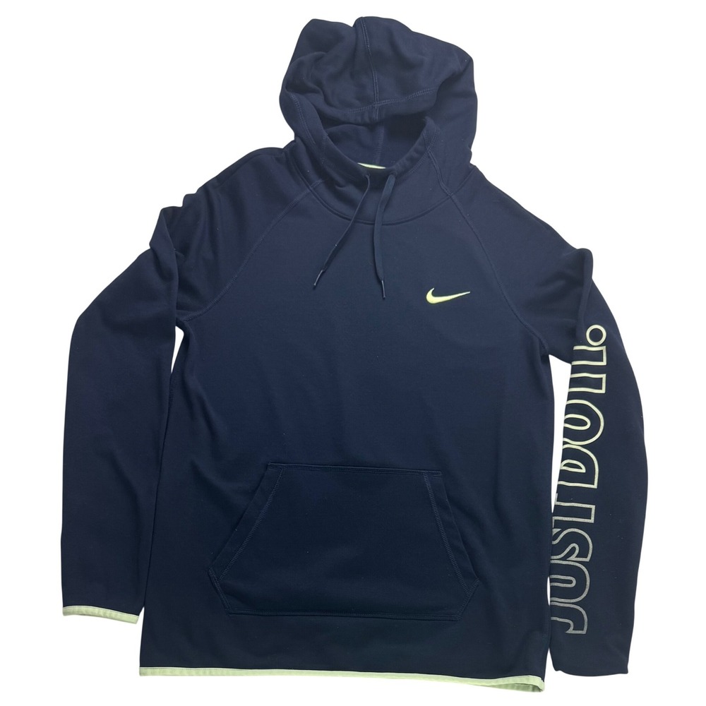 Nike‎ Dri-FIT Hoodie Mens Small Navy Blue Neon Green Just Do It on sleeve